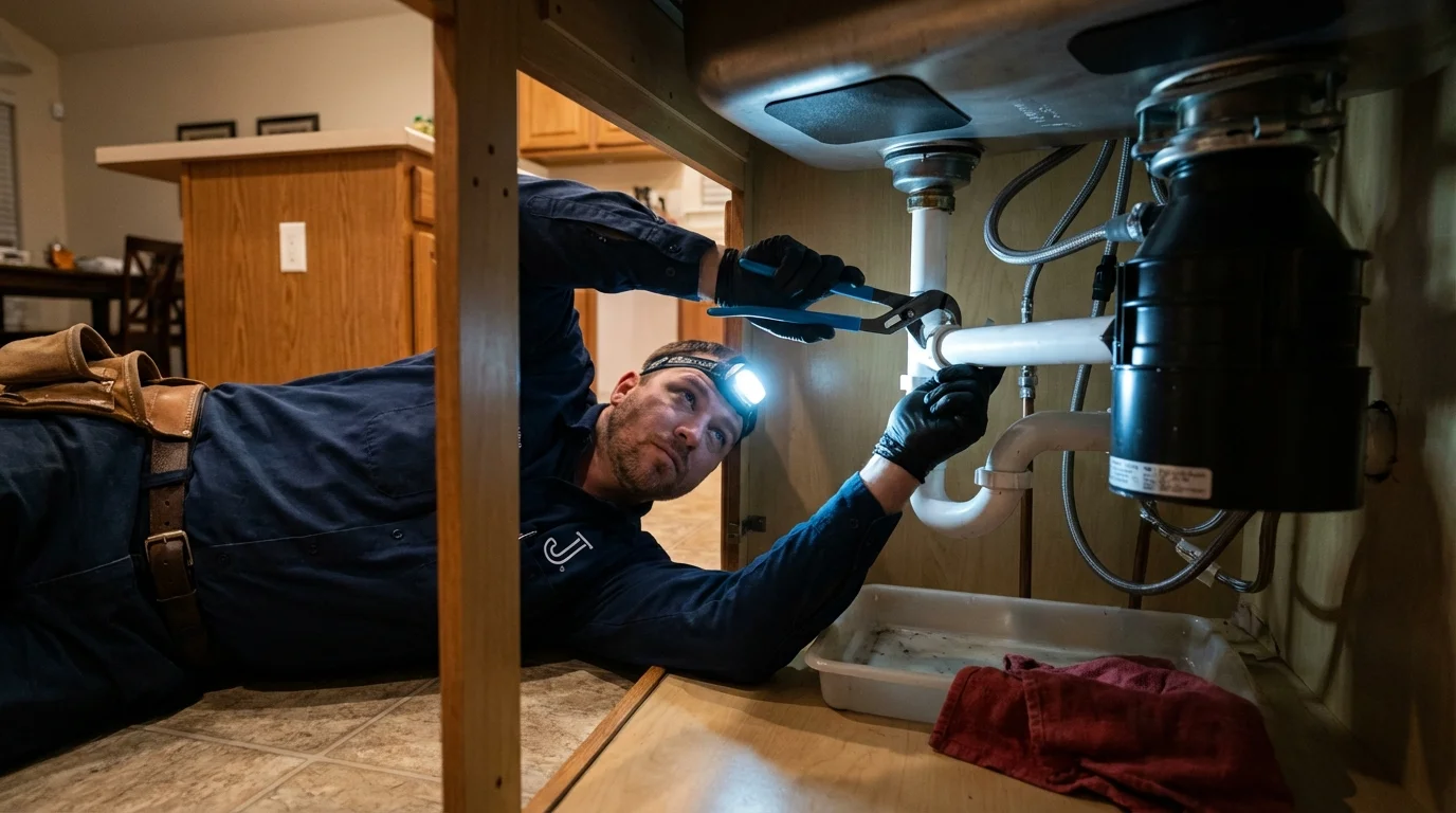 P-trap and supply line connections under a kitchen sink showing a common leak point in Indian Rocks Beach, FL